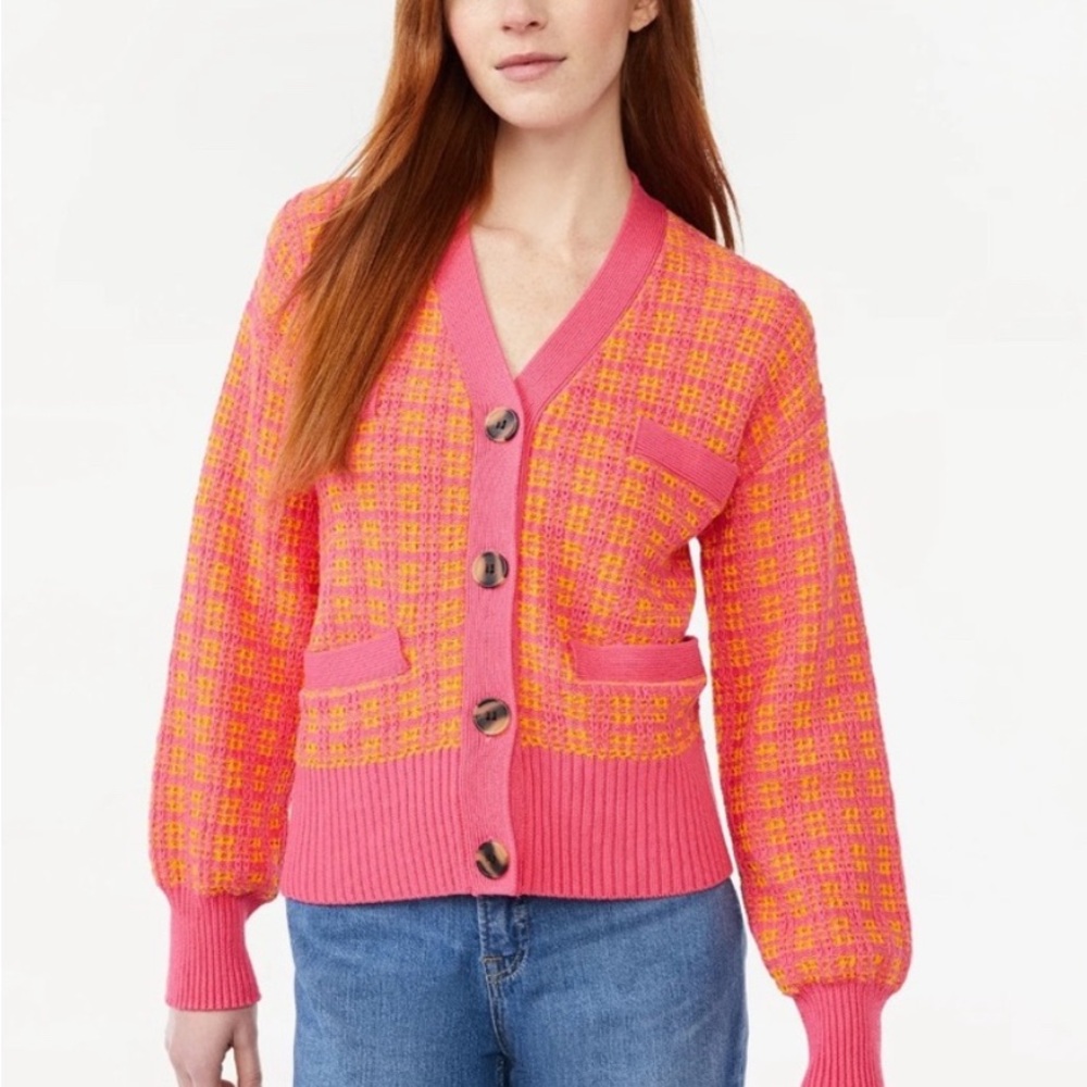 Vibrant Pink and Yellow Tweed Welt Pockets Mid Weight Cardigan Sweater XS